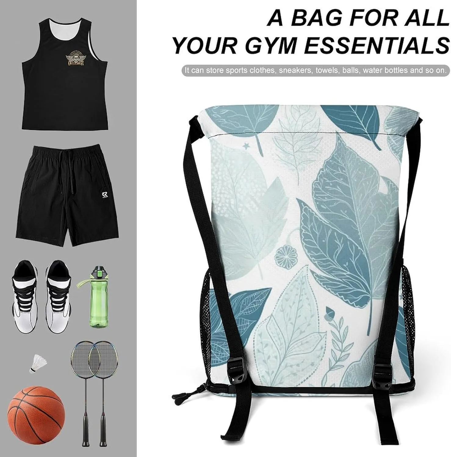 Drawstring laborious hunger tell Sports BagBlue Leaves Patternprinted with Mesh Pockets String Gym Bag Drawstring Backpacks, Unisex-Adult 