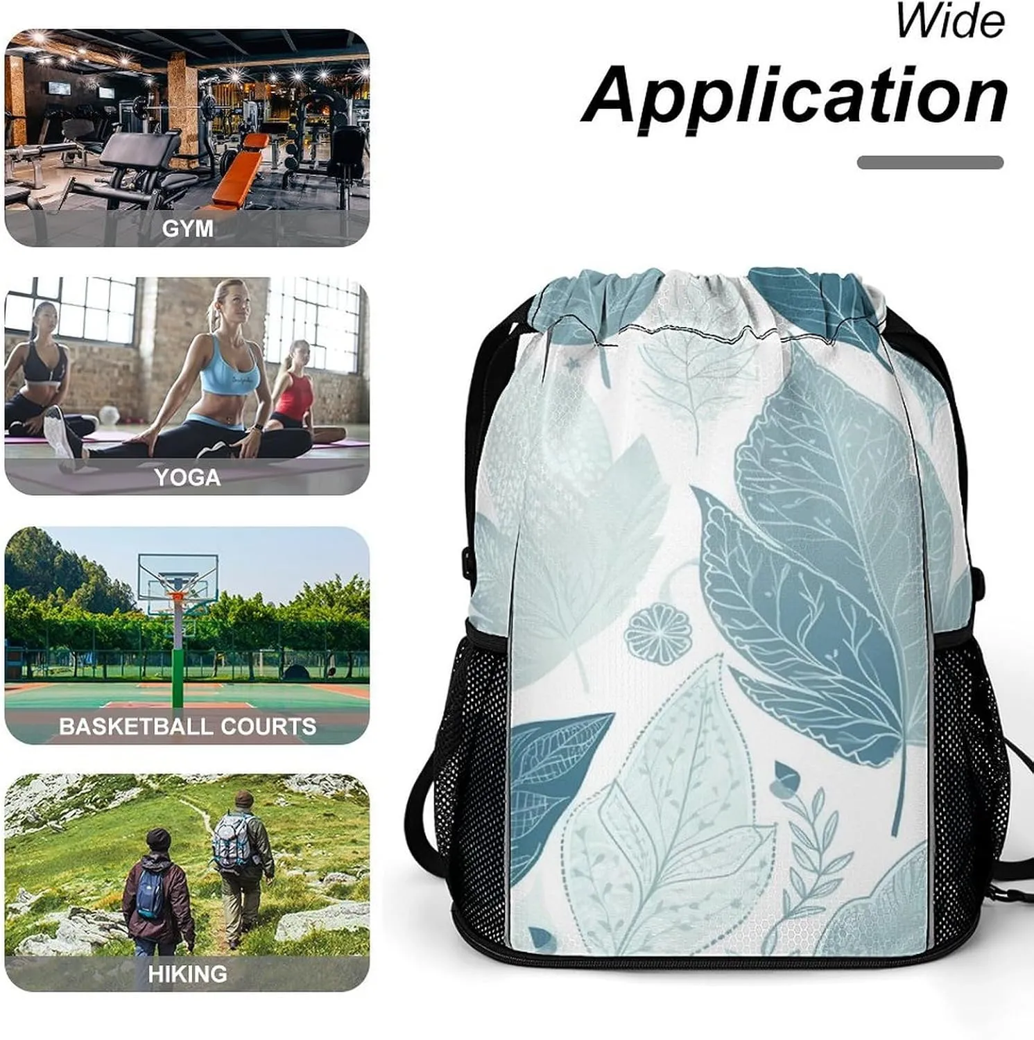Drawstring laborious hunger tell Sports BagBlue Leaves Patternprinted with Mesh Pockets String Gym Bag Drawstring Backpacks, Unisex-Adult 