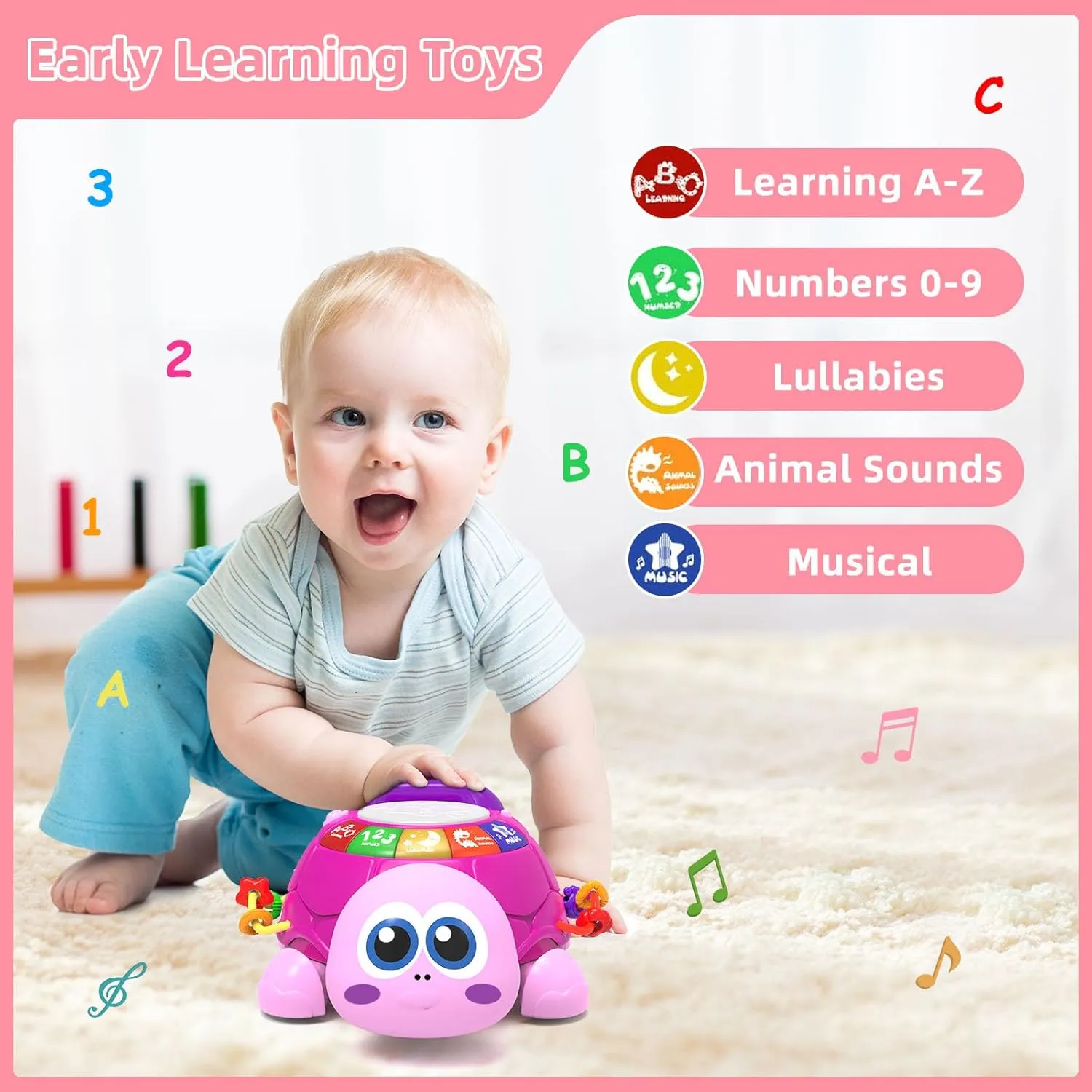Early Learning Educational Toy,Baby Girl Gift Essentials for Newborn 7 8 9 11  coal Months 1-2 Year Old(Pink) Hanayo Baby Musical Turtle Crawling Girl Toys for 6-18 Months,Infant 