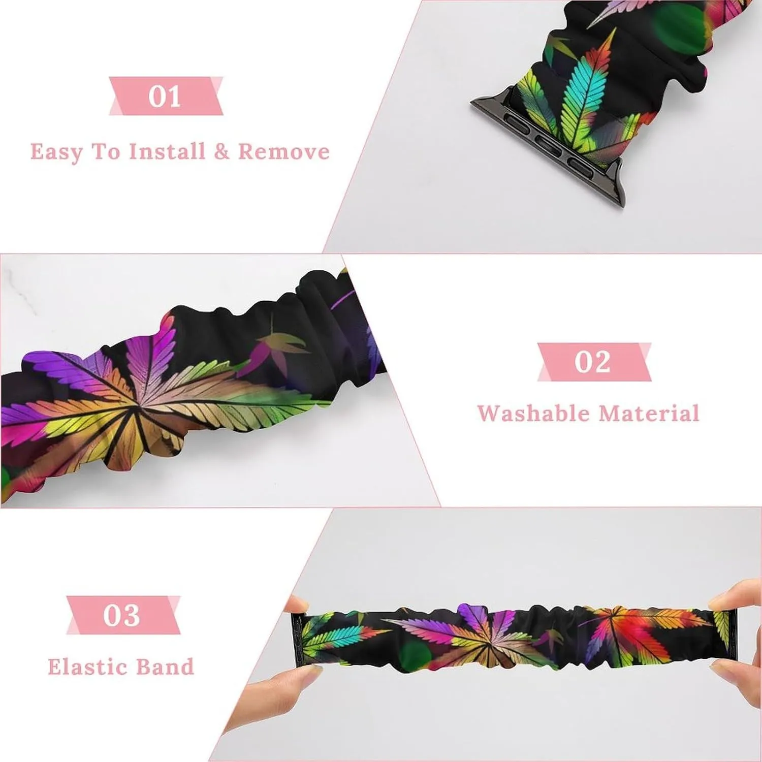 Elastic Watch Strap Printed Straps Wristbands Replacement Strap Compatible with Apple Watch Colorful Rainbow heal Weed Leaves Plant Watch Band 