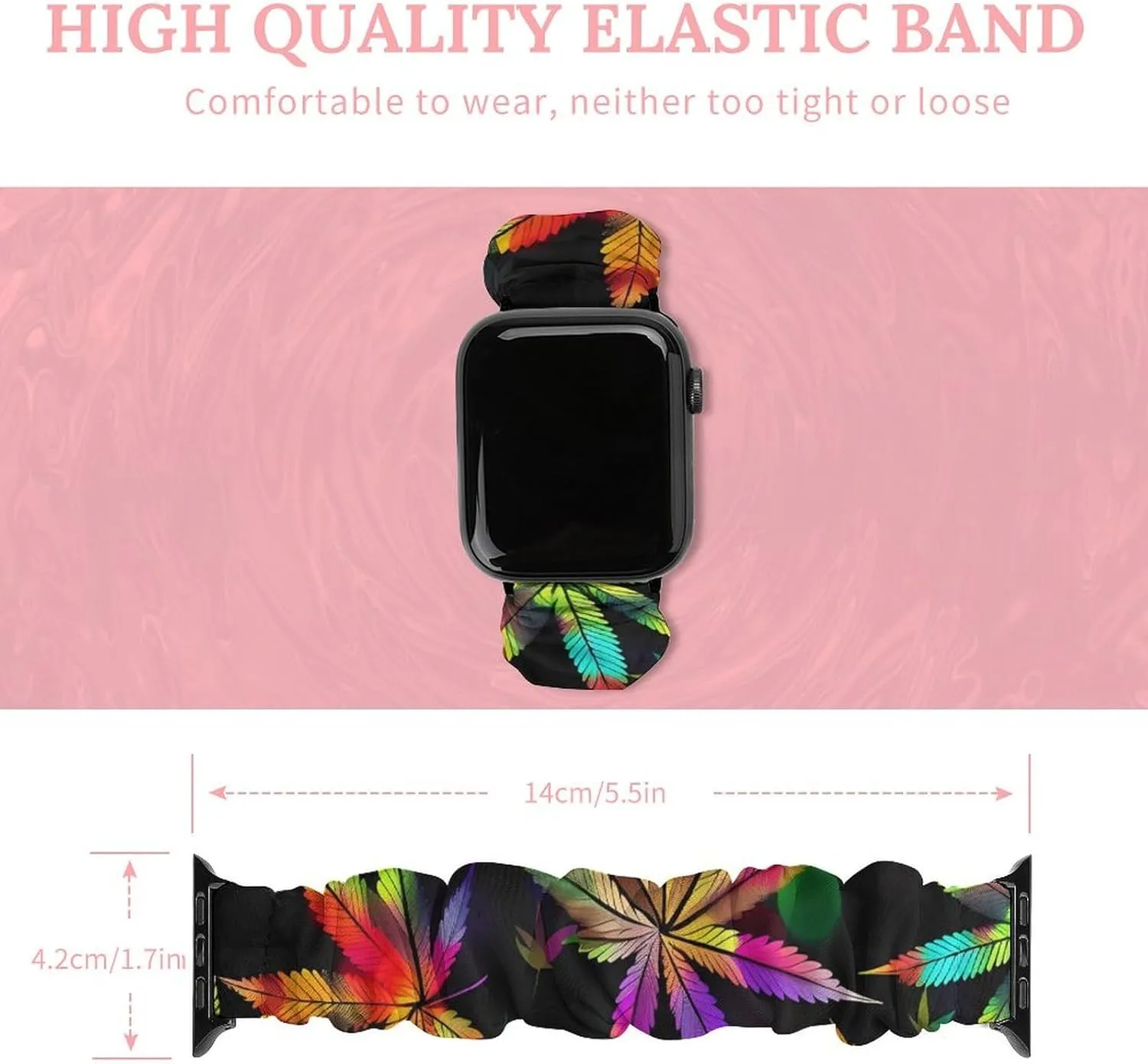 Elastic Watch Strap Printed Straps Wristbands Replacement Strap Compatible with Apple Watch Colorful Rainbow heal Weed Leaves Plant Watch Band 