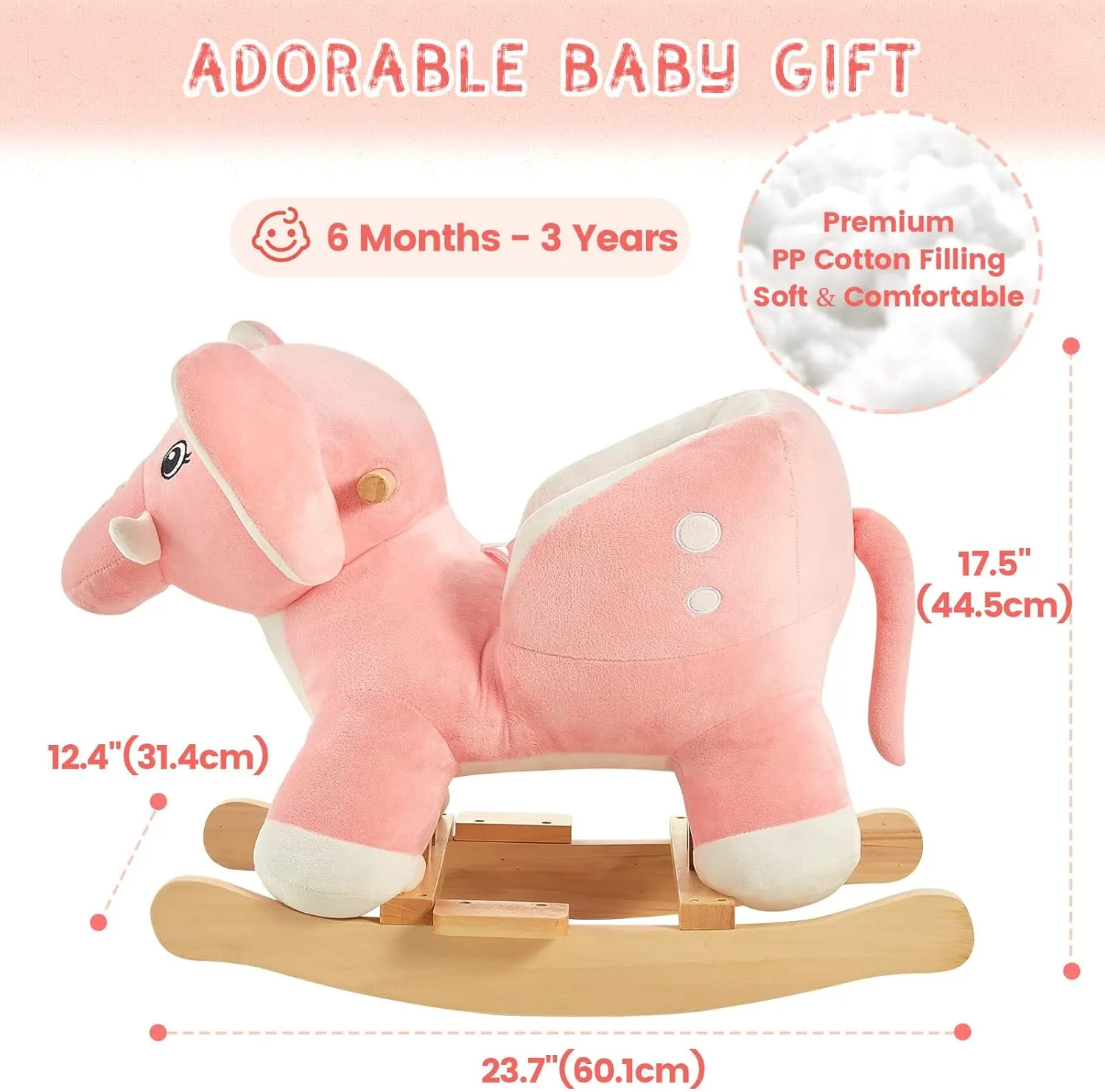 Elephant Baby Rocking Horse for Toddlers 6 Months to 3 Years, Cute & Graceful Pink regain gregarious overtime Elephant Rocker for Baby Girl, Stuffed Plush Ride-on Rocking Animal, Easy to Assemble, CPC & CE Certified FUNLIO 