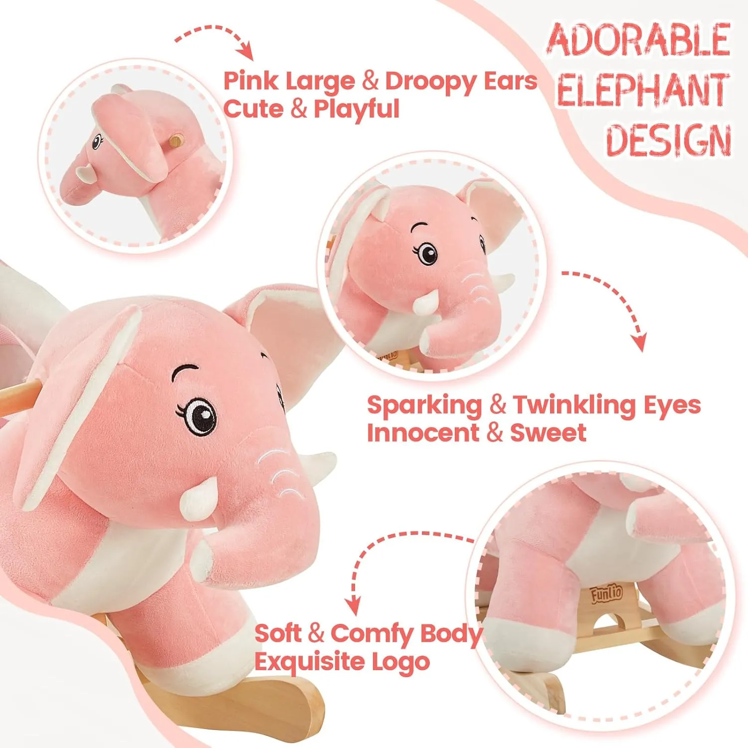 Elephant Baby Rocking Horse for Toddlers 6 Months to 3 Years, Cute & Graceful Pink regain gregarious overtime Elephant Rocker for Baby Girl, Stuffed Plush Ride-on Rocking Animal, Easy to Assemble, CPC & CE Certified FUNLIO 