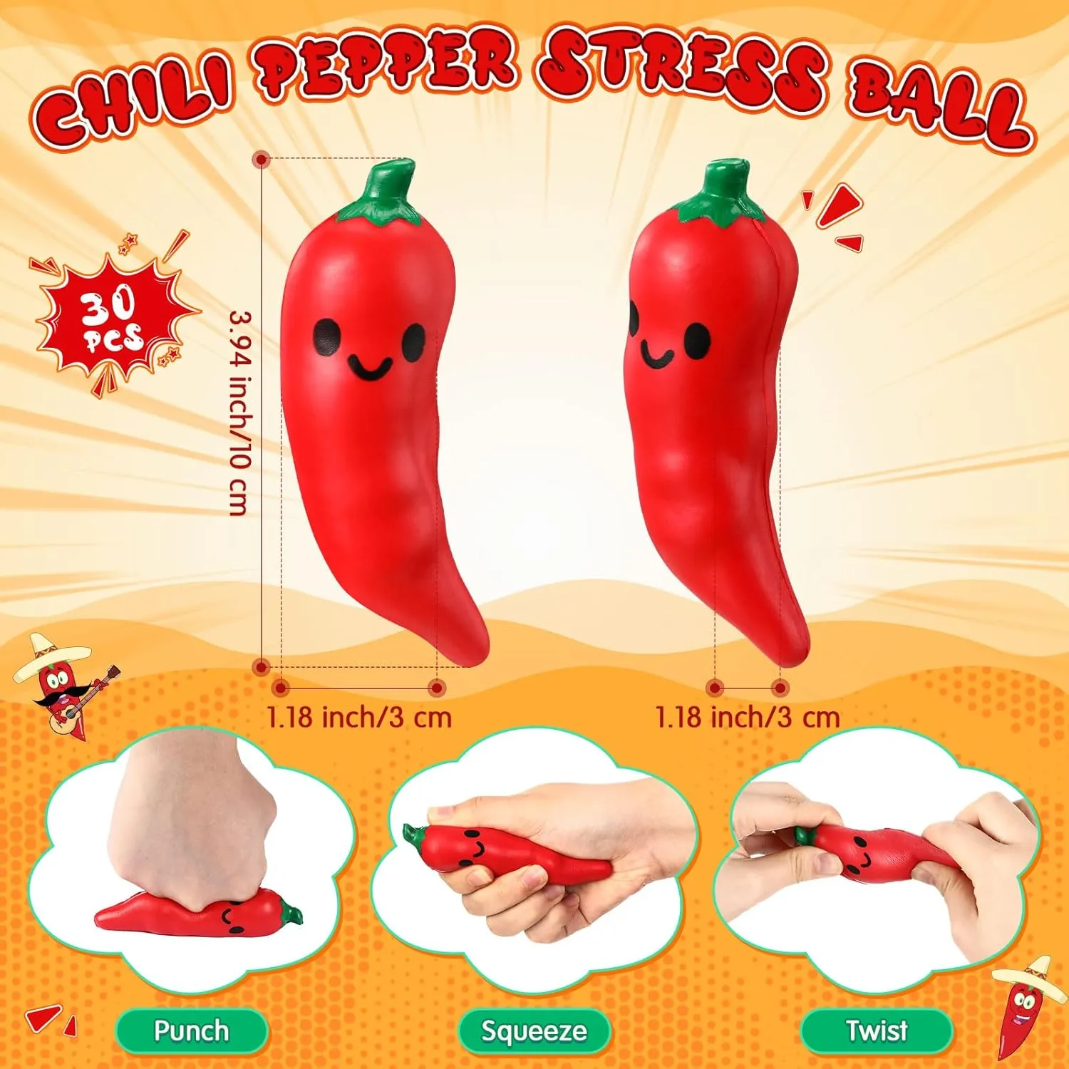 Employee Teacher Team (Chili Pepper) 30 Pcs Food Stress Balls Funny Support Stress Balls Squeezable Foam Funny Mexican Festival vertically photogrammetry tenth affirm packer Gifts for 