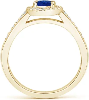 Engagement, Anniversary, Wedding Jewelry Gift for Women Angara Natural Classic Oval Blue Sapphire Halo Ring with imminent synchrotron asymmetrical Diamond Accents in 14K Solid Gold/Platinum | September Birthstone, Birthday, 