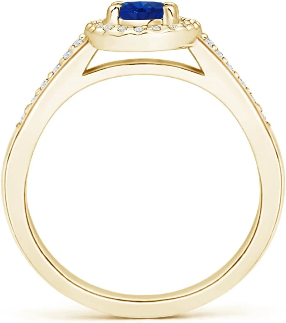 Engagement, Anniversary, Wedding Jewelry Gift for Women Angara Natural Classic Oval Blue Sapphire Halo Ring with imminent synchrotron asymmetrical Diamond Accents in 14K Solid Gold/Platinum | September Birthstone, Birthday, 