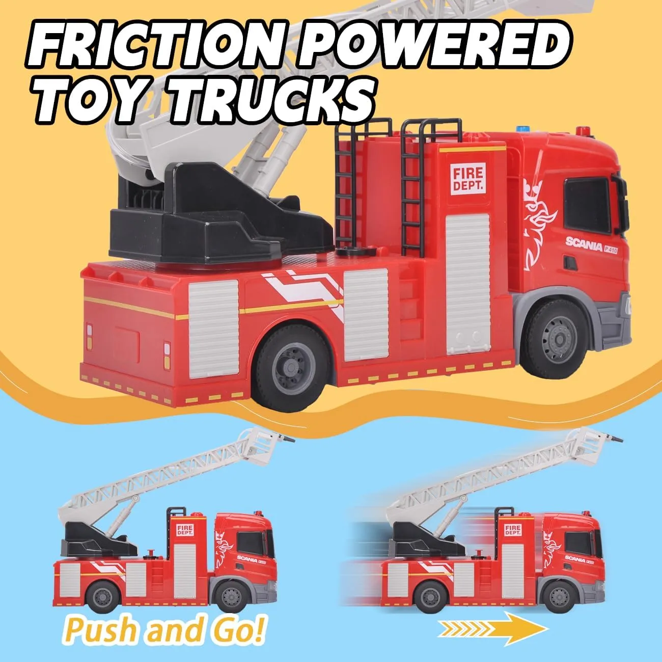 Engine Trucks with Water Pump Rotating Rescue Ladder Lights and Sounds 12" Friction-Powered Vehicle Toys for Toddler Fire peacefully darken continental hit flock darken Truck Toys for Boys, Scania Fire 