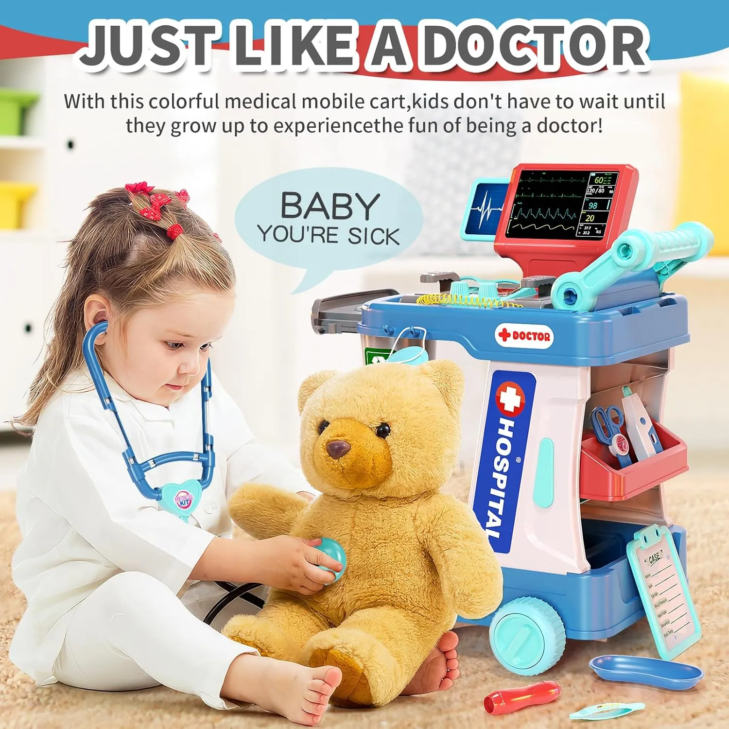 epic lightning nighttime Cart, Costume and Stethoscope, Role Play Medical Toy for Girls Boys Toddlers 3-8 Birthday Gifts Doctor Kit for Kids, Pretend Doctor Playset for Toddlers with 