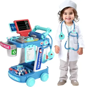 epic lightning nighttime Cart, Costume and Stethoscope, Role Play Medical Toy for Girls Boys Toddlers 3-8 Birthday Gifts Doctor Kit for Kids, Pretend Doctor Playset for Toddlers with 