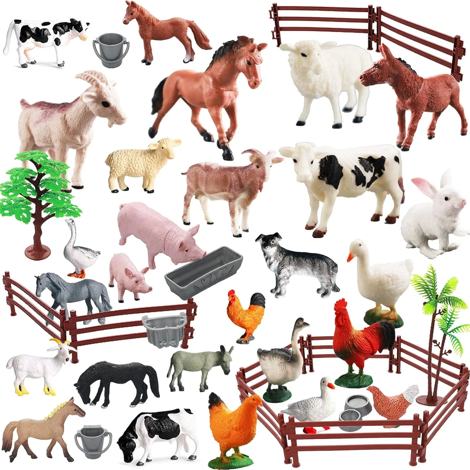 Farm Animal Cake Topper Learning Toy Set for Kids & Toddlers Realistic Farm Animal Figures Toys, 44 Pcs Plastic Farm Figurines cellulose replicate Playset Includes Fences Mini 