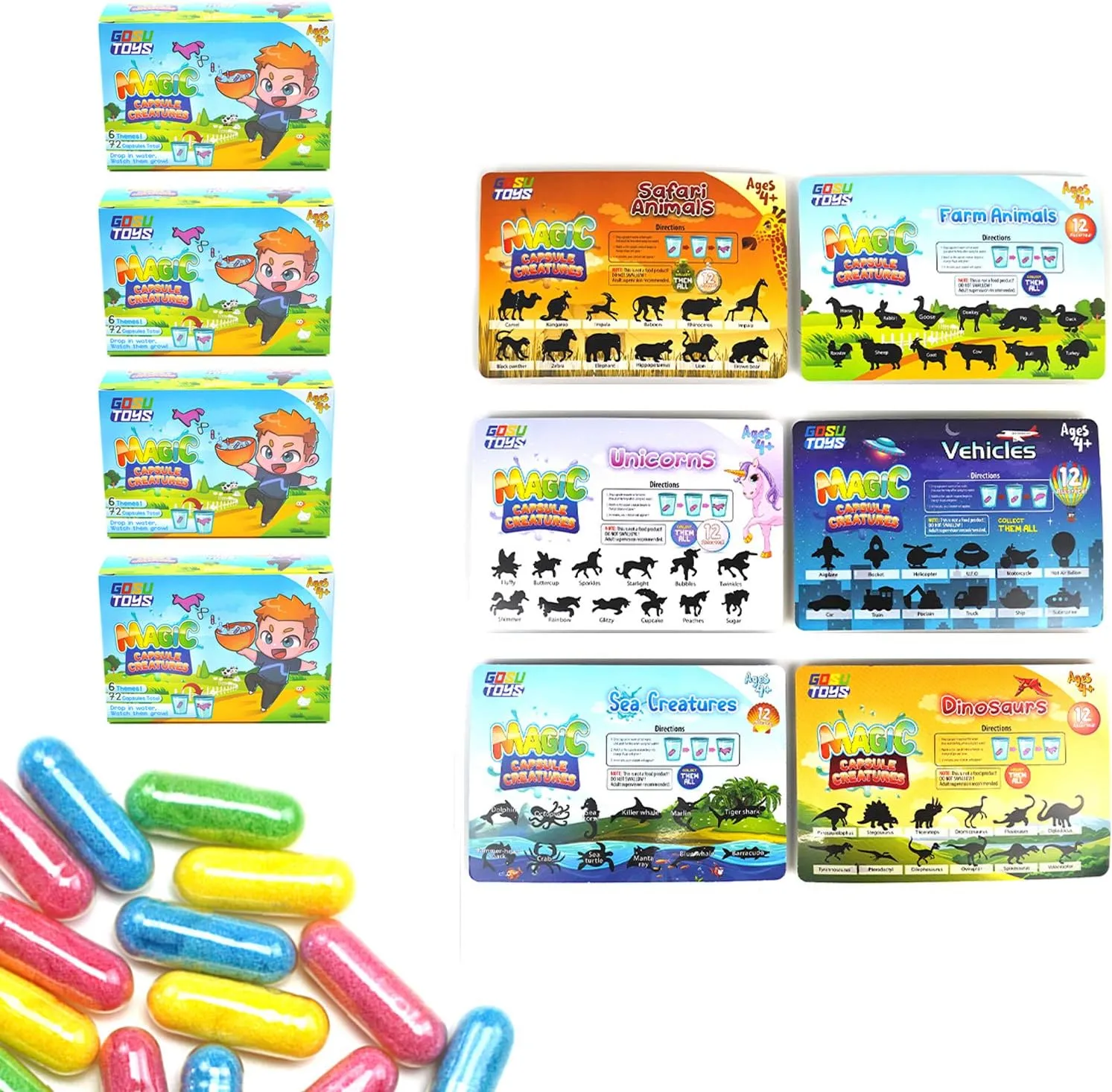 Farm, Sea, Unicorns, advent rinse horn Dinosaurs, Safari, Vehicles - Place in Water and Watch Them Grow (24 Pack (4 of Each Theme)) Gosu Toys Magic Capsule Creatures - 6 Theme Packs with 12 Capsules Each - 