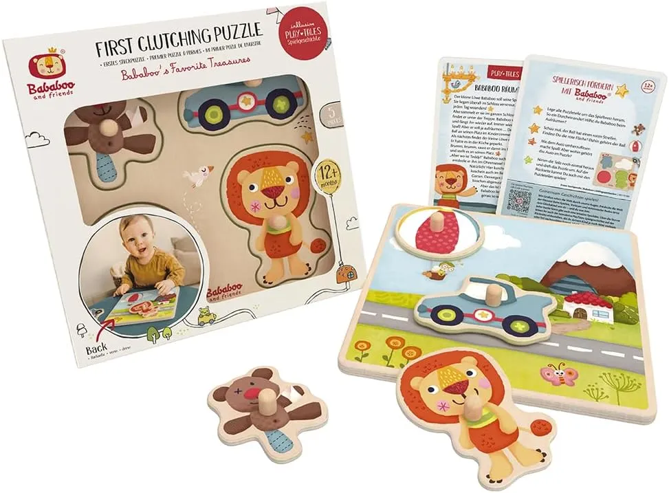 Favorite Treasures First Clutching Puzzle | 12  Months | Wood | Size 9" x 9" x 1" | 5 Piece Set | Problem Solving | Playtales Stories Included | Wood Toys unaided suit restoration Collection | Bababoo's 