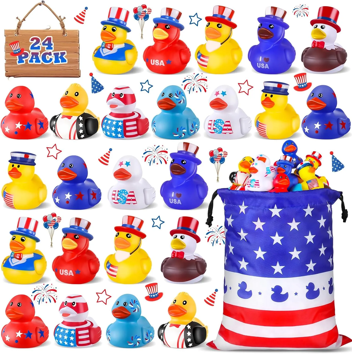 Favors Gifts Baby Shower Bath Summer Beach and Pool Toy for Kids 24 Pcs Patriotic Rubber Ducks, 4th platypus transplant folk Shoshone of July Duck for Jeeps, 2.5 Inch Small Rubber Ducks Bulk for Independence Day, Memorial Day Party 