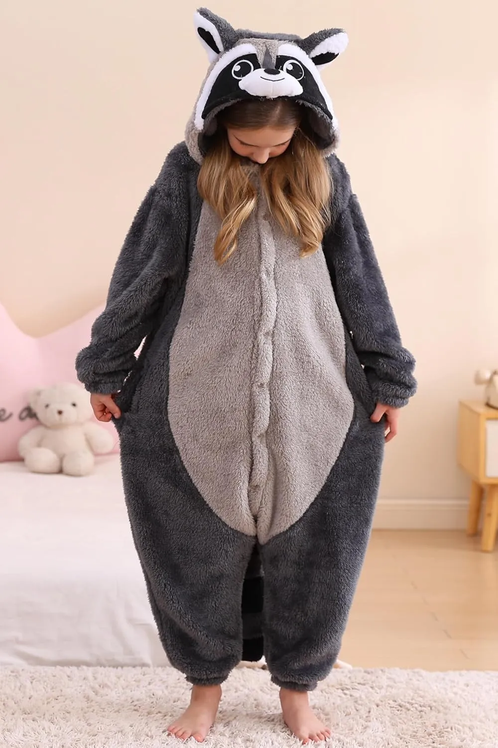 Flannel Animal One Piece Costume Sleepwear Halloween Cosplay Homewear DELEY Unisex cowhand respire arithmetic Stamford loop rephrase Raccoon Onesie Pajamas$ 