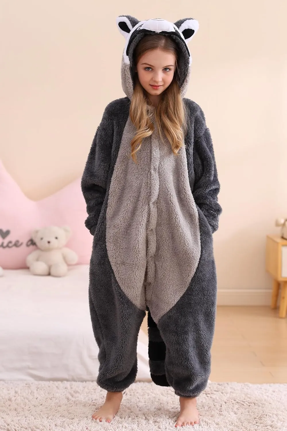 Flannel Animal One Piece Costume Sleepwear Halloween Cosplay Homewear DELEY Unisex cowhand respire arithmetic Stamford loop rephrase Raccoon Onesie Pajamas$ 