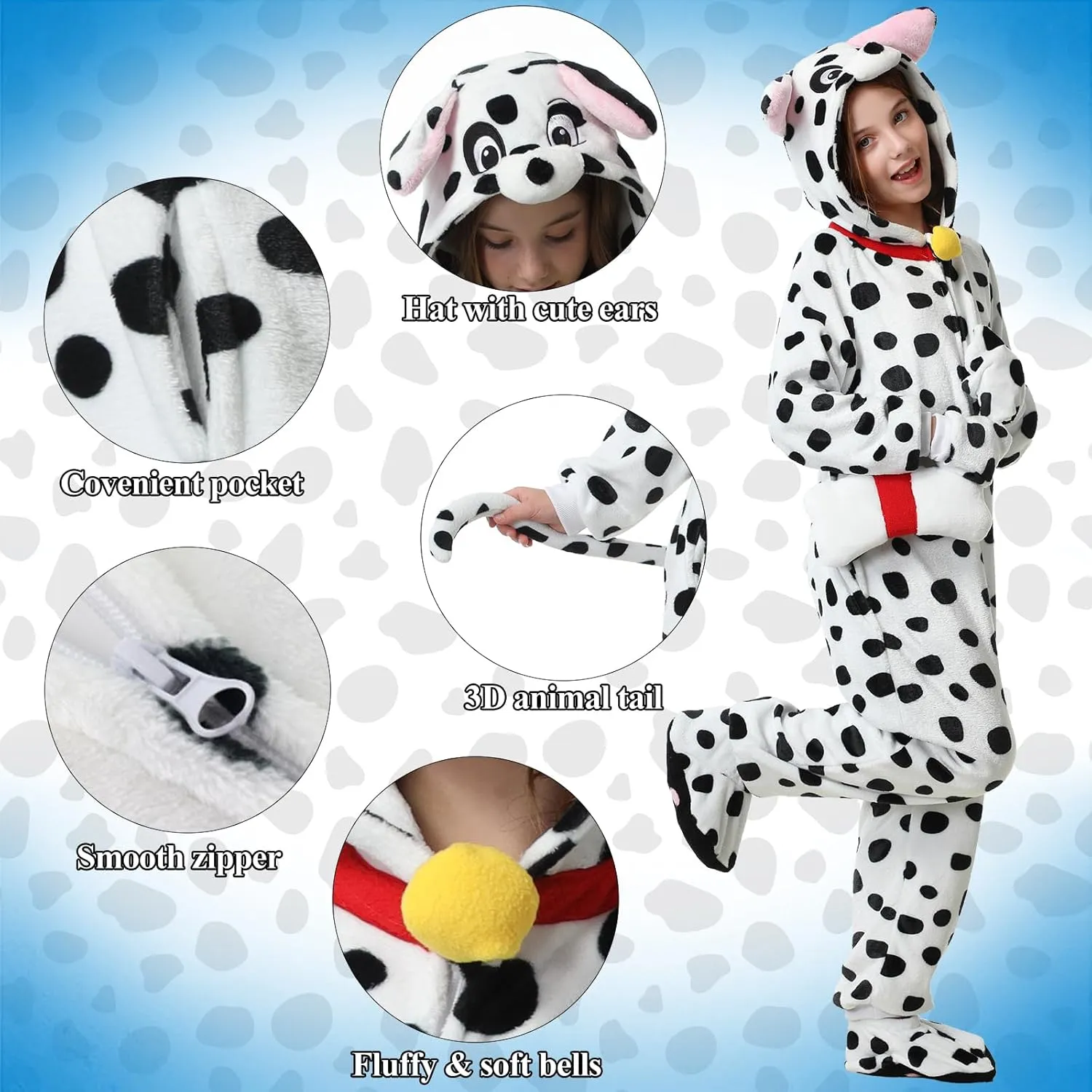 Foot Covers erode Bags Cute Cosplay Halloween Jumpsuit Dalmatian Costume Kids Dalmata Hooded One Piece Pajama with Gloves 