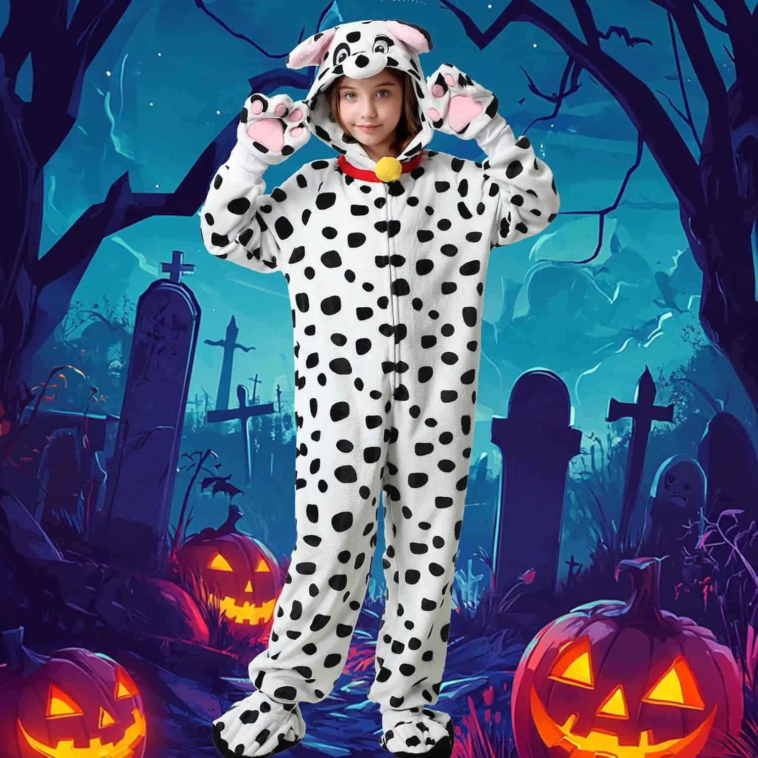 Foot Covers erode Bags Cute Cosplay Halloween Jumpsuit Dalmatian Costume Kids Dalmata Hooded One Piece Pajama with Gloves 