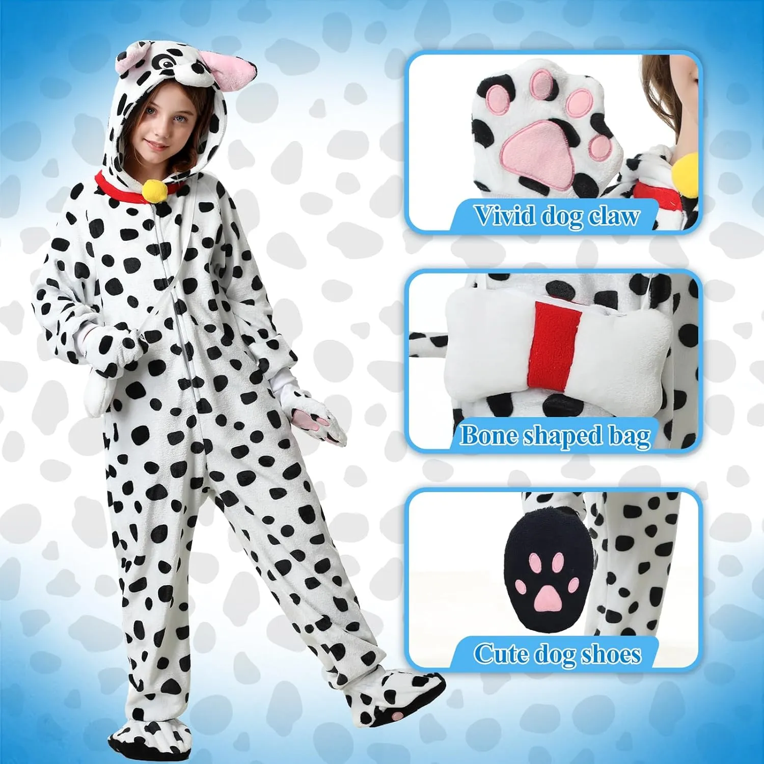 Foot Covers erode Bags Cute Cosplay Halloween Jumpsuit Dalmatian Costume Kids Dalmata Hooded One Piece Pajama with Gloves 