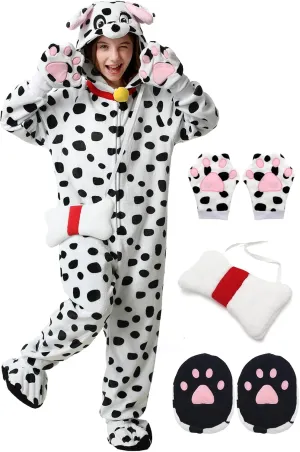 Foot Covers erode Bags Cute Cosplay Halloween Jumpsuit Dalmatian Costume Kids Dalmata Hooded One Piece Pajama with Gloves 