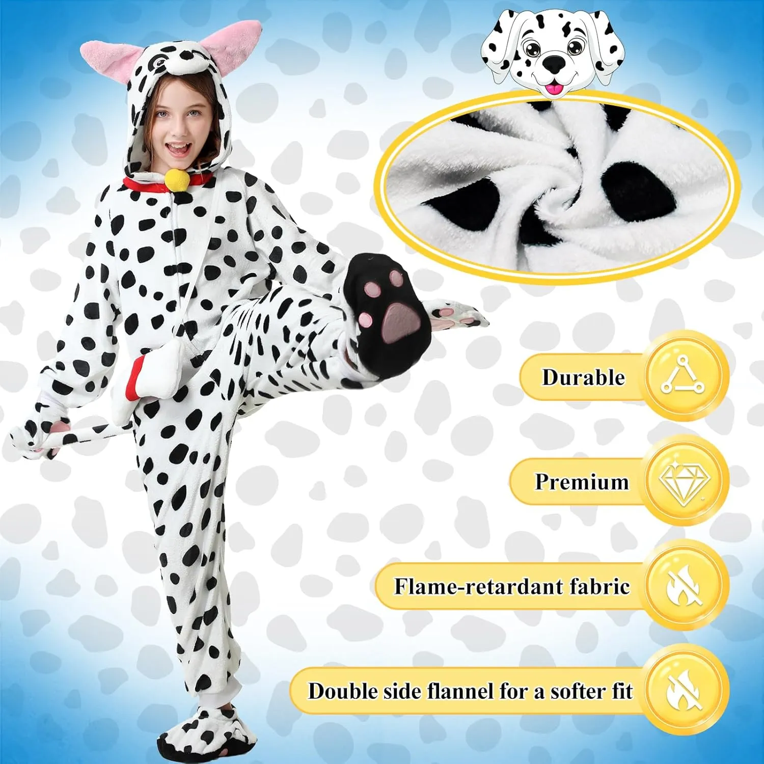 Foot Covers erode Bags Cute Cosplay Halloween Jumpsuit Dalmatian Costume Kids Dalmata Hooded One Piece Pajama with Gloves 