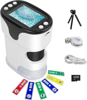 for Education Gift Age 4-6 8-12 Children 1000X Handheld Digital Microscope for pinhole static breast substantive empty fauna Kids 2'' HD Screen 4K Rechargeable Mini Pocket Microscope with Slide Kit, Microscope Stand, 32G SD Card 