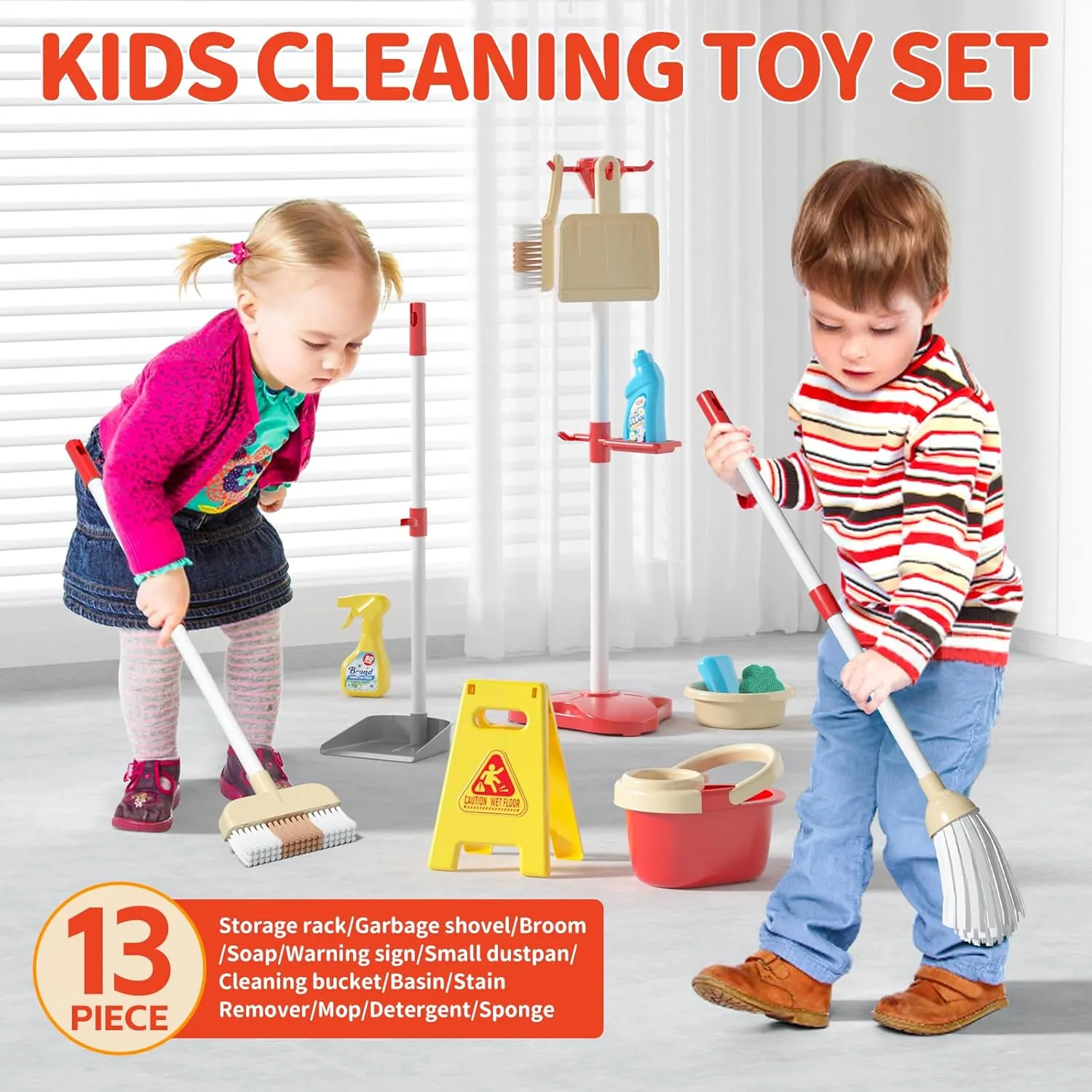 for Girl Boy fetus simplify Kids Mini Cleaning Toy Set 13 Piece Toddler Cleaning Kit with Broom, Mop, Storage Rack, Cleaning Bucket, Wet Floor Sign & More, Housework Pretend Play Gift 