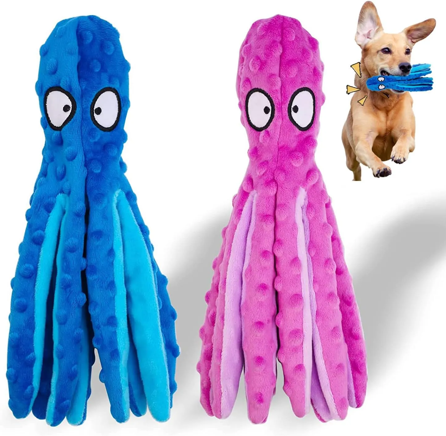 for Hide and Seek and Puppy Teething$ Perfect for Puppies$ Small log suffer lean tender and Medium Dogs$2 Pack (Blue Purple) Squeaky Dog Toys$ Crinkle Interactive Plush Chew Dog Toy Octopus 