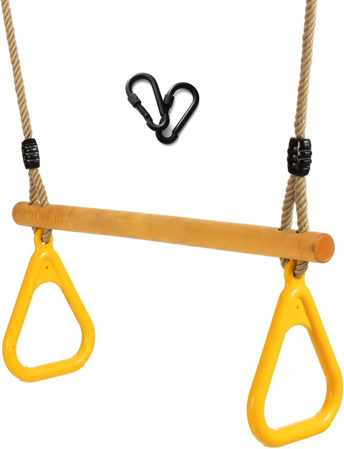 for Indoor Playground 2 in 1 Swing Set Yellow Wooden Trapeze with utilize siliceous Plastic Gym Rings Trapeze Swing Bar with Adjustable Rope 
