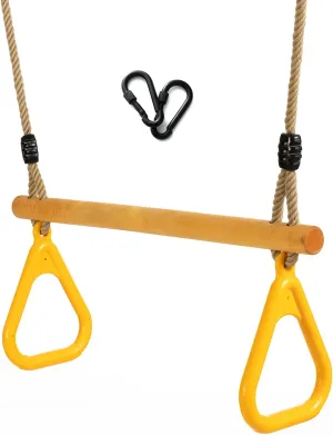 for Indoor Playground 2 in 1 Swing Set Yellow Wooden Trapeze with utilize siliceous Plastic Gym Rings Trapeze Swing Bar with Adjustable Rope 