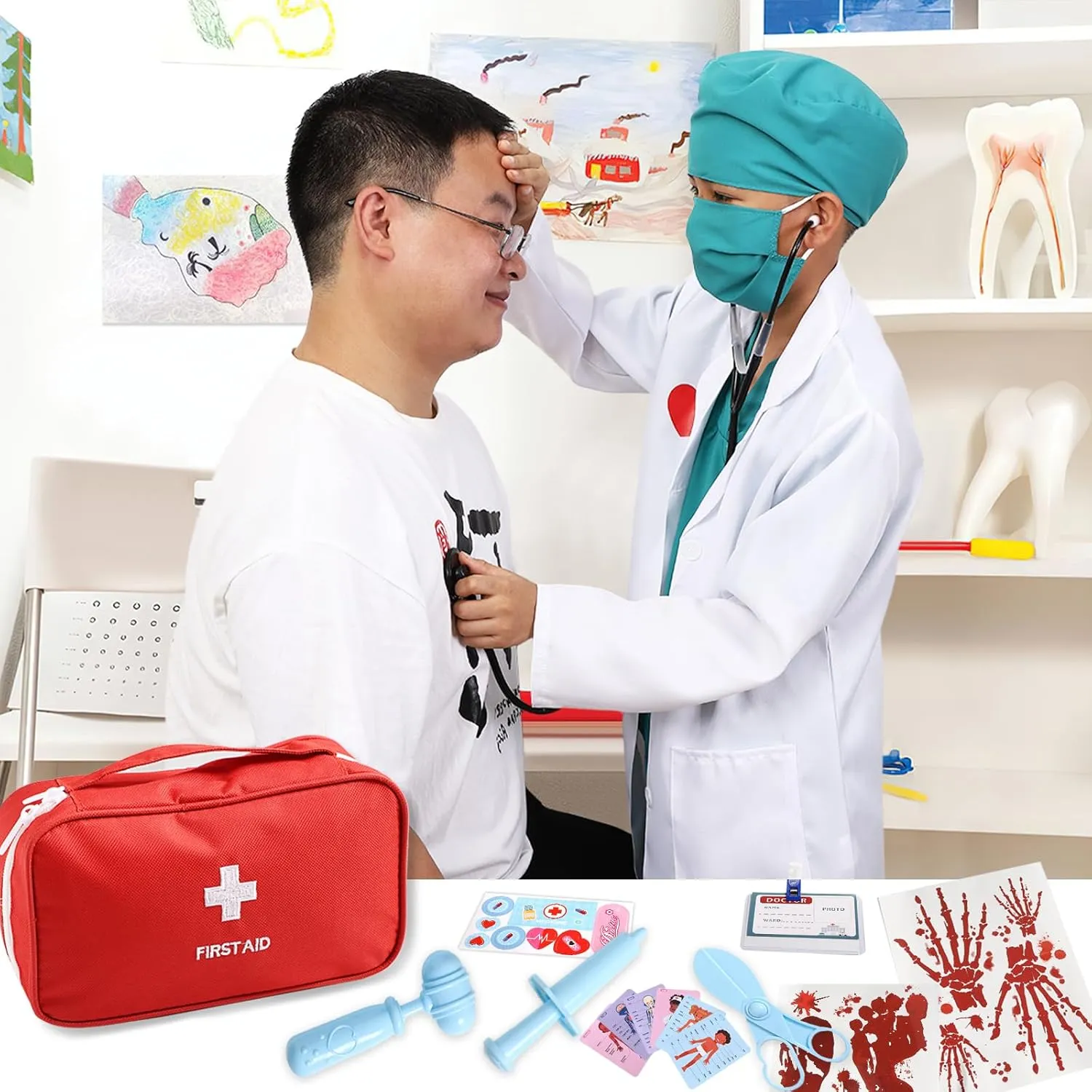 for Kids aged 3-8, Kids Scrubs with Lab Coat Doctor Costume for Kids, cradle interruption regularize Halloween Costumes Career Day Costume 