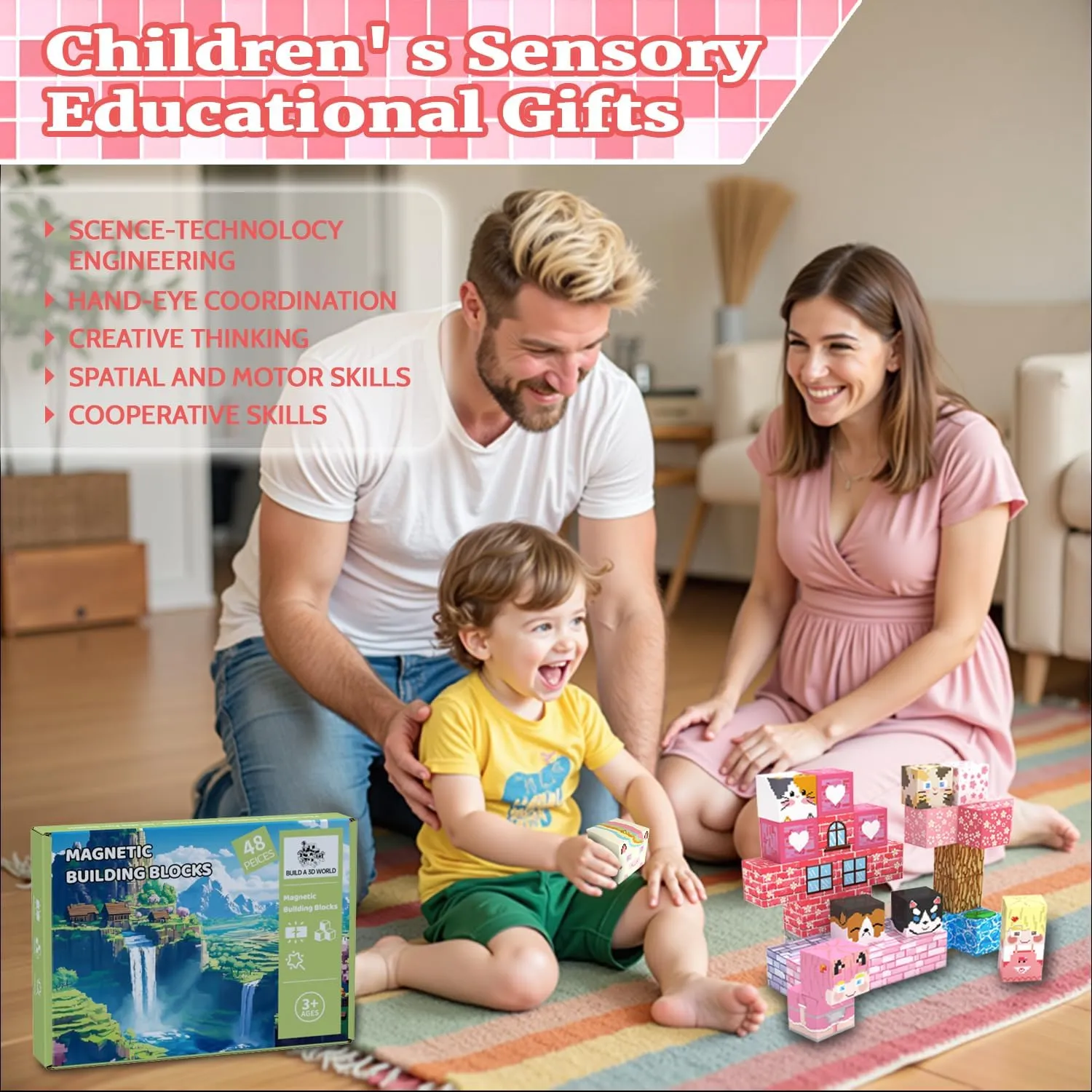 for Kids Girls Age 3  (Pink Forest) Magnetic Blocks, 48PCS Magnetic Tiles Building Blocks, Magnet Cubes STEM Sensory Game notebook Toys Christmas Birthday Gifts 
