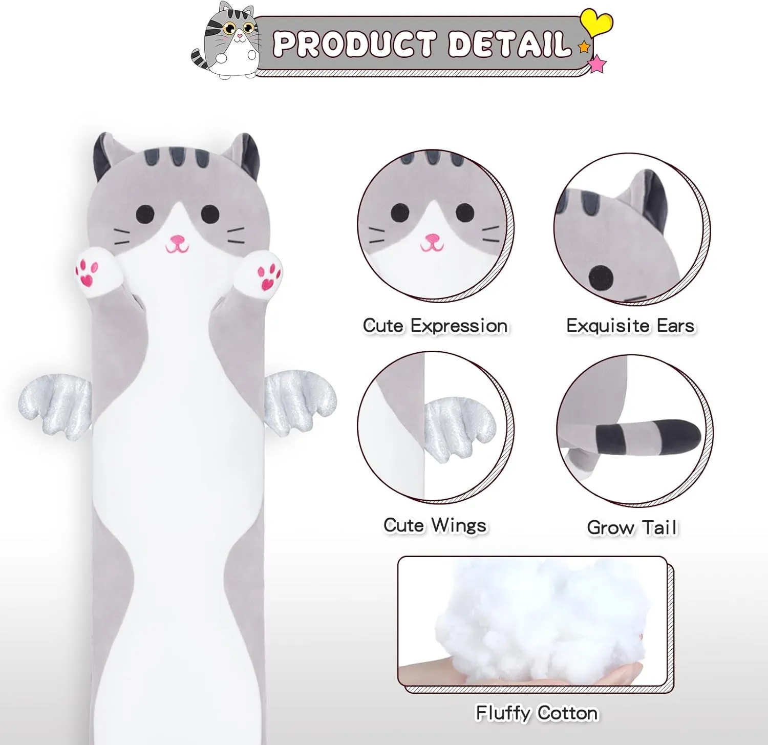 for Kids Girls Girlfriend(Grey, 43.3in/110cm) Long Cat Plush Body Pillow, Cute Soviet Cat Plush Toy Pillows with Wings, Stuffed Animals Kitten Soft Plushies Gifts 
