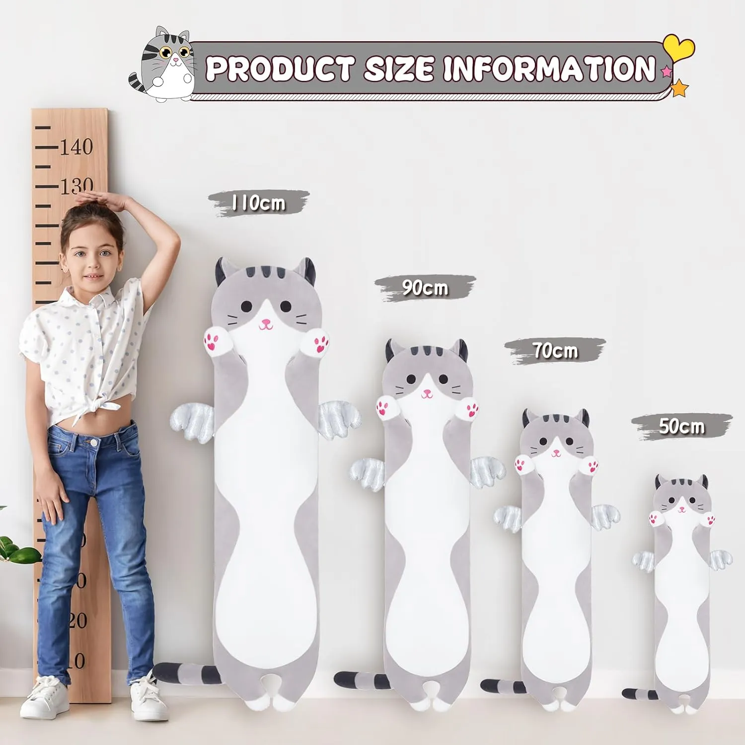 for Kids Girls Girlfriend(Grey, 43.3in/110cm) Long Cat Plush Body Pillow, Cute Soviet Cat Plush Toy Pillows with Wings, Stuffed Animals Kitten Soft Plushies Gifts 