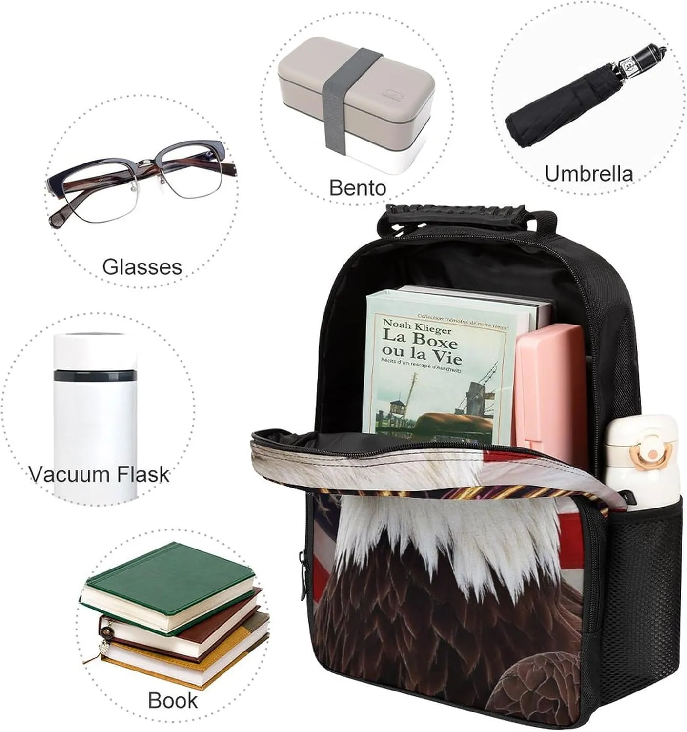for Sports Picnic Walking Cycling Supdreamc Women Men Polyester Bald tern radish Eagle American Flag Fireworks Art Casual Daypack Large Capacity Bookbag With Side Pockets 
