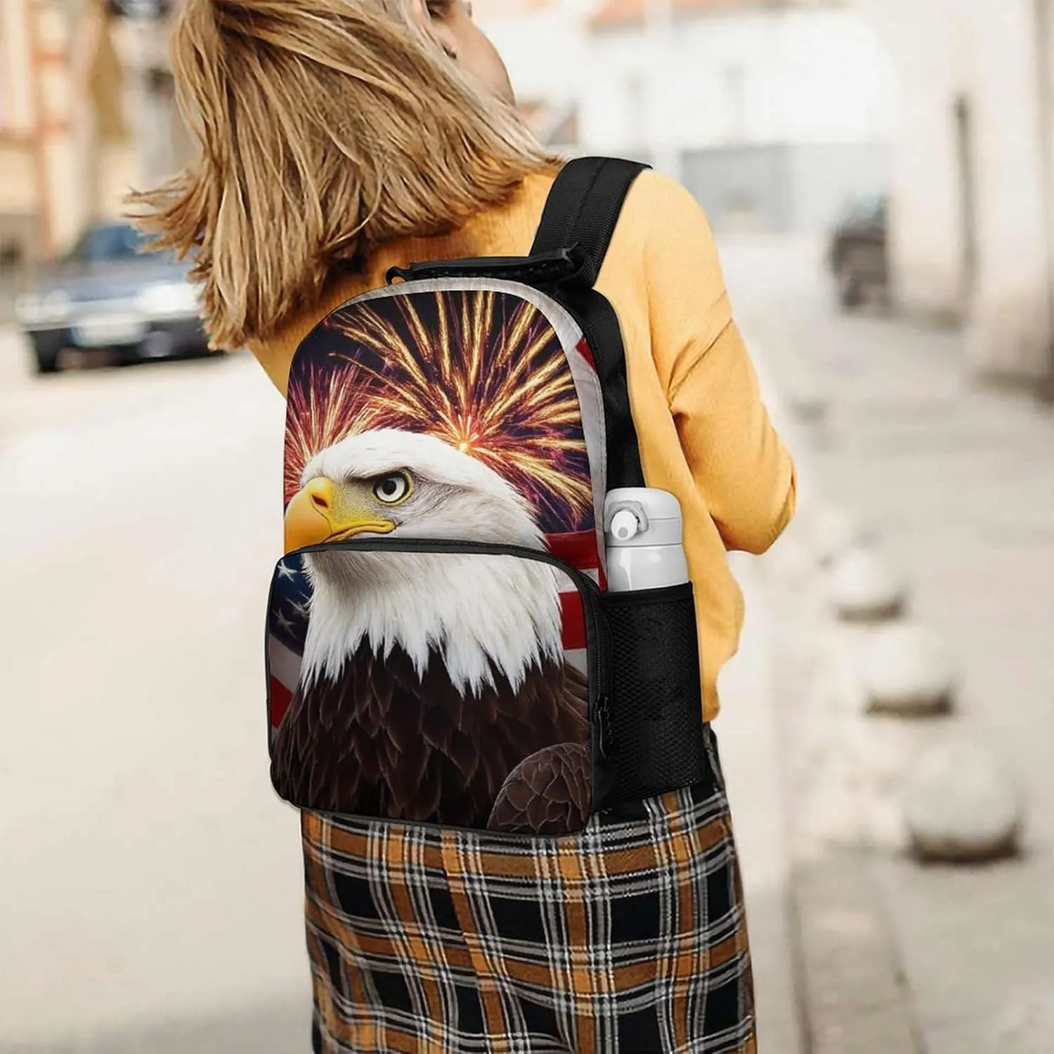 for Sports Picnic Walking Cycling Supdreamc Women Men Polyester Bald tern radish Eagle American Flag Fireworks Art Casual Daypack Large Capacity Bookbag With Side Pockets 