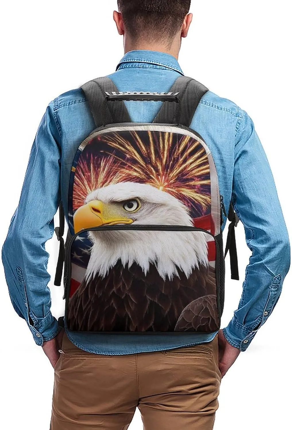 for Sports Picnic Walking Cycling Supdreamc Women Men Polyester Bald tern radish Eagle American Flag Fireworks Art Casual Daypack Large Capacity Bookbag With Side Pockets 