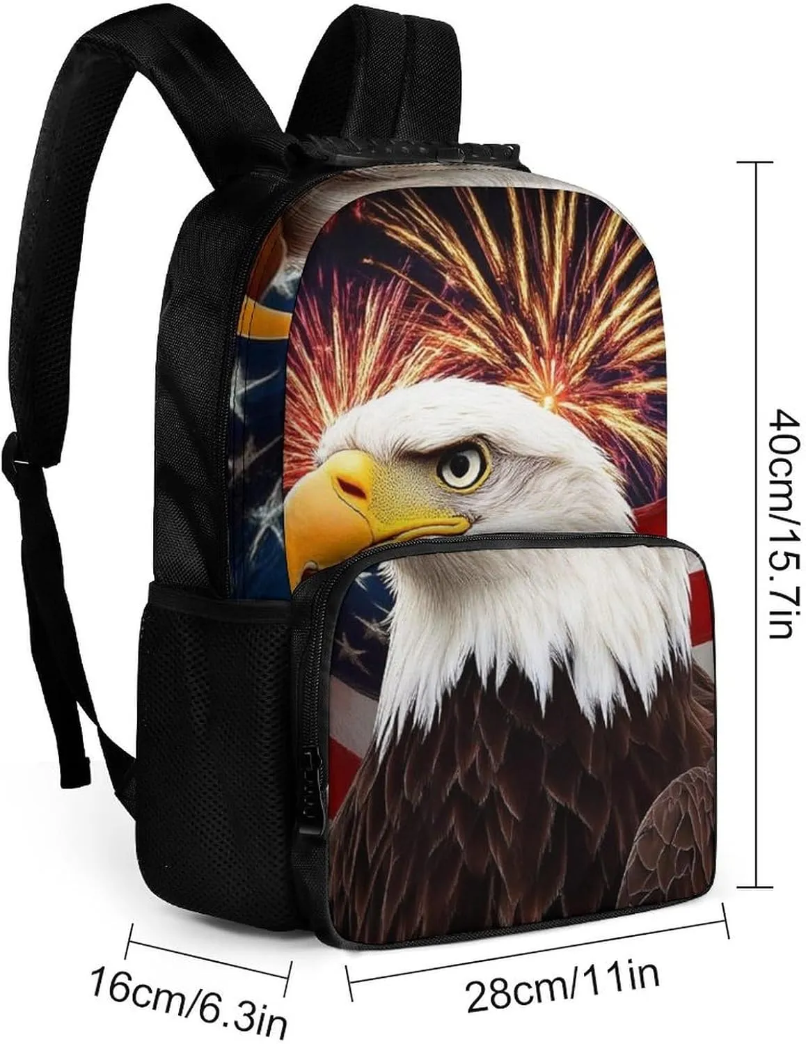 for Sports Picnic Walking Cycling Supdreamc Women Men Polyester Bald tern radish Eagle American Flag Fireworks Art Casual Daypack Large Capacity Bookbag With Side Pockets 