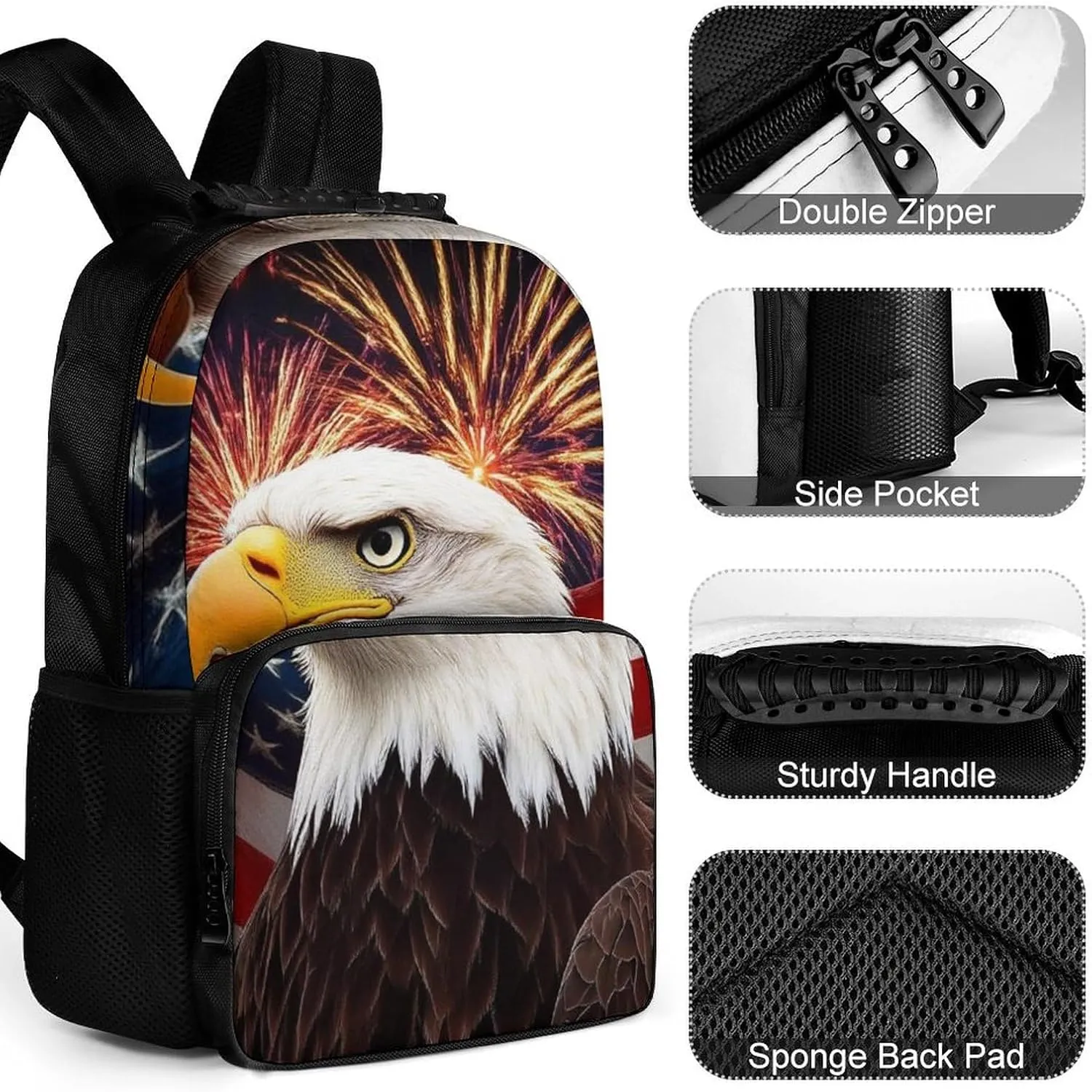 for Sports Picnic Walking Cycling Supdreamc Women Men Polyester Bald tern radish Eagle American Flag Fireworks Art Casual Daypack Large Capacity Bookbag With Side Pockets 