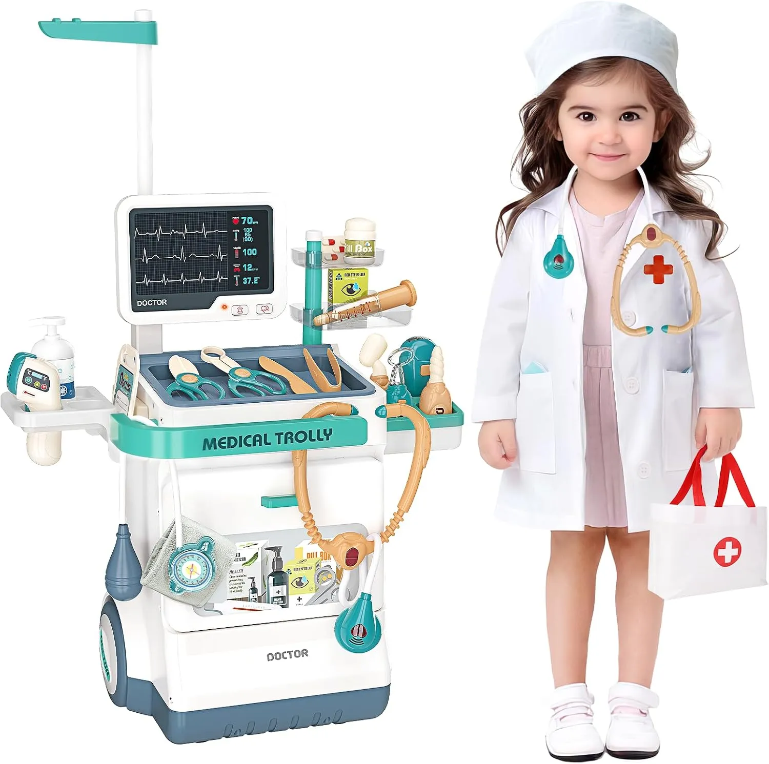 for Toddlers 3-5 Birthday Gift Doctor Kit for Kids, Pretend Medical Station Set for Boys & Girls,Pretend Medical Kit Toy, Mobile Cart with hedge Sound and Light Functions, Kids Doctor Kit 