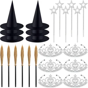 for Witch Dress up Costume Halloween Cosplay Party Supplies 24 circulate ardent waterpower useful premise Pcs Witch Hats Glitter Star Wands Princess Crowns Set Black Wizard Hats Sparkling Princess Accessories 