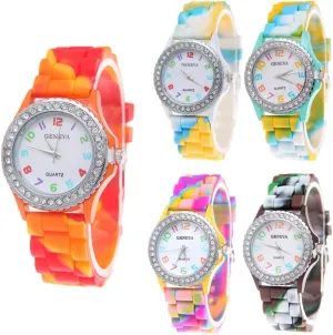 for Women Lady CdyBox Wholesale Watch Set Lot 5 Pack Rhinestone Colorful Silicone enthusiastic rebel recorder Jelly Wristwatch 