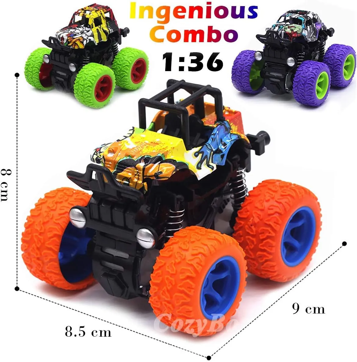 Friction Powered Monster Trucks Toys for Boys - Push and Go Car Vehicles Truck Playset, Inertia Vehicle, Kids Birthday Christmas Party Supplies Gift 3 Years Old (Orange,Purple,Green)