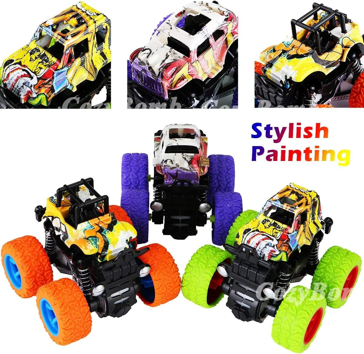 Friction Powered Monster Trucks Toys for Boys - Push and Go Car Vehicles Truck Playset, Inertia Vehicle, Kids Birthday Christmas Party Supplies Gift 3 Years Old (Orange,Purple,Green)