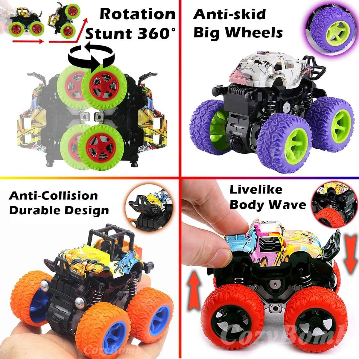 Friction Powered Monster Trucks Toys for Boys - Push and Go Car Vehicles Truck Playset, Inertia Vehicle, Kids Birthday Christmas Party Supplies Gift 3 Years Old (Orange,Purple,Green)