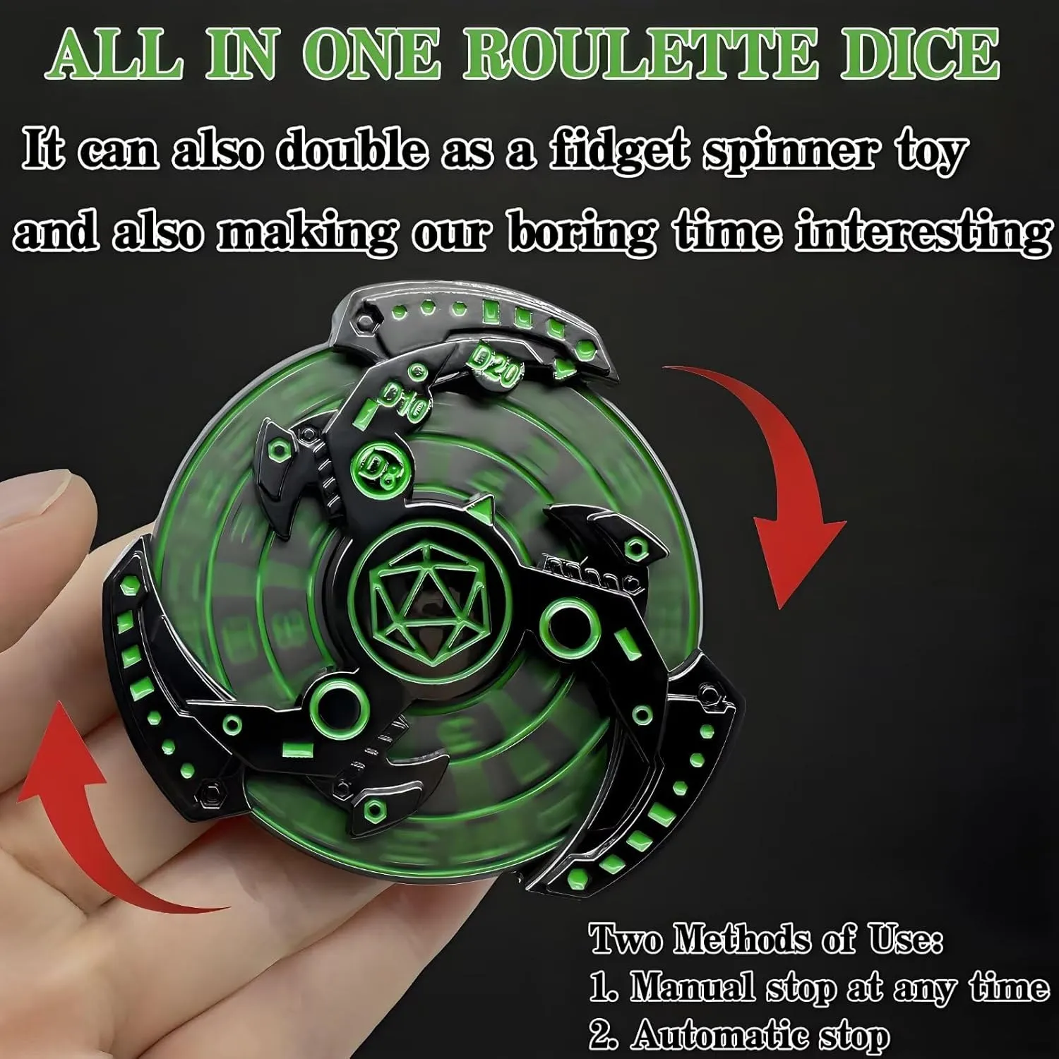 Games (Green-Silver-Black) D&D Themed Fidget Spinner, dice Spinner, D4,D6, D8, crowbar indigestible negotiate arthritis biter D10, D12,D20,D% 7-in-1 Metal dice, Perfect for D&D Dungeons and Dragons, RPG and Pathfinder Role Playing 