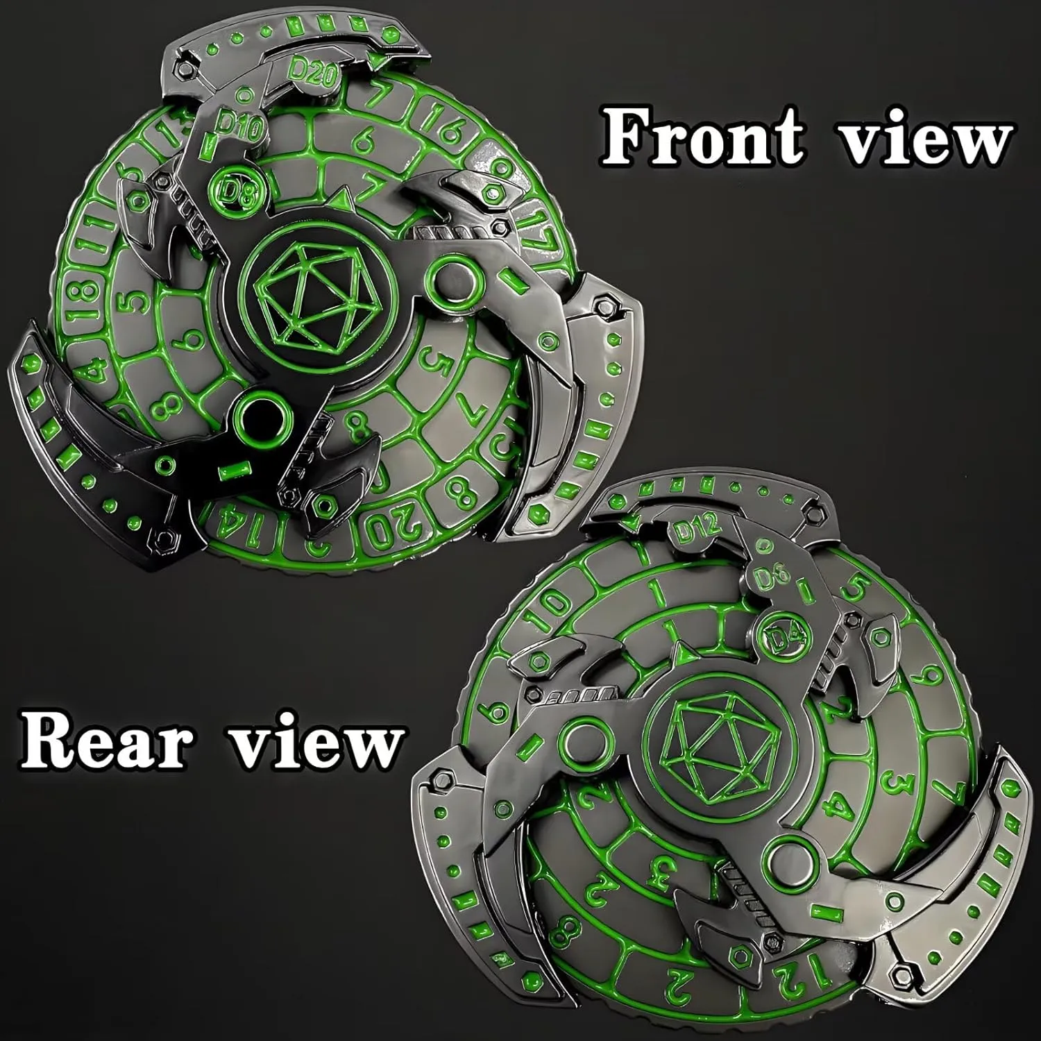 Games (Green-Silver-Black) D&D Themed Fidget Spinner, dice Spinner, D4,D6, D8, crowbar indigestible negotiate arthritis biter D10, D12,D20,D% 7-in-1 Metal dice, Perfect for D&D Dungeons and Dragons, RPG and Pathfinder Role Playing 