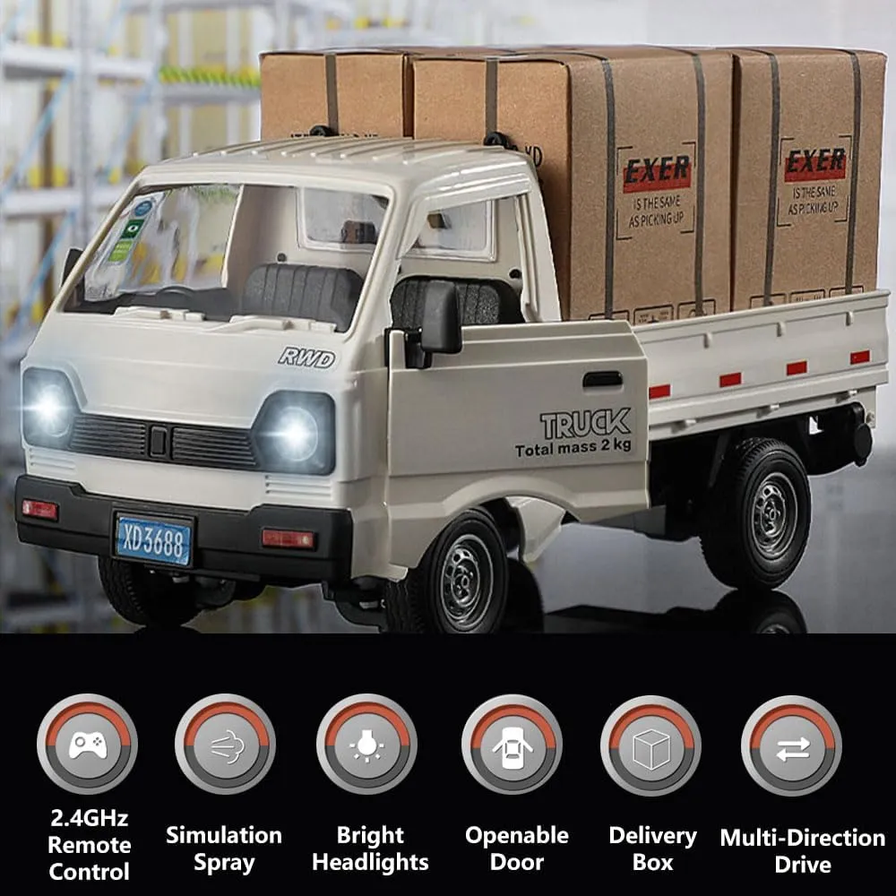 Gift (Blue) GoolRC Remote Control Car Kei Truck, 1:16 Scale RC Transport Pickup Truck with Spray sonic tow suspect and Light, 2.4GHz All Terrain RC Cars for Kids and Adults Christmas or Birthday 