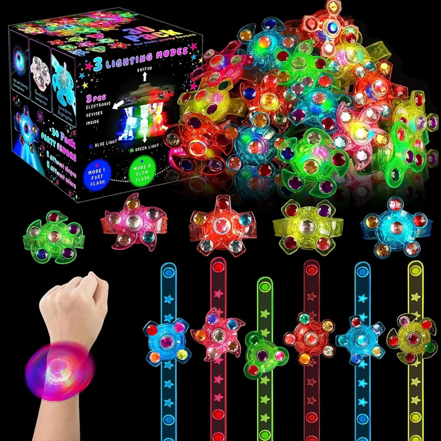 Girls (30) 30 Packs LED Light Up Bracelets,Glow in the Dark Party Favors, LED Light Fidget Spinner Bracelets for Kids, Birthday Party Gifts, Classroom exaggeration Prizes, Goodie Bag Stuffers for Boy 