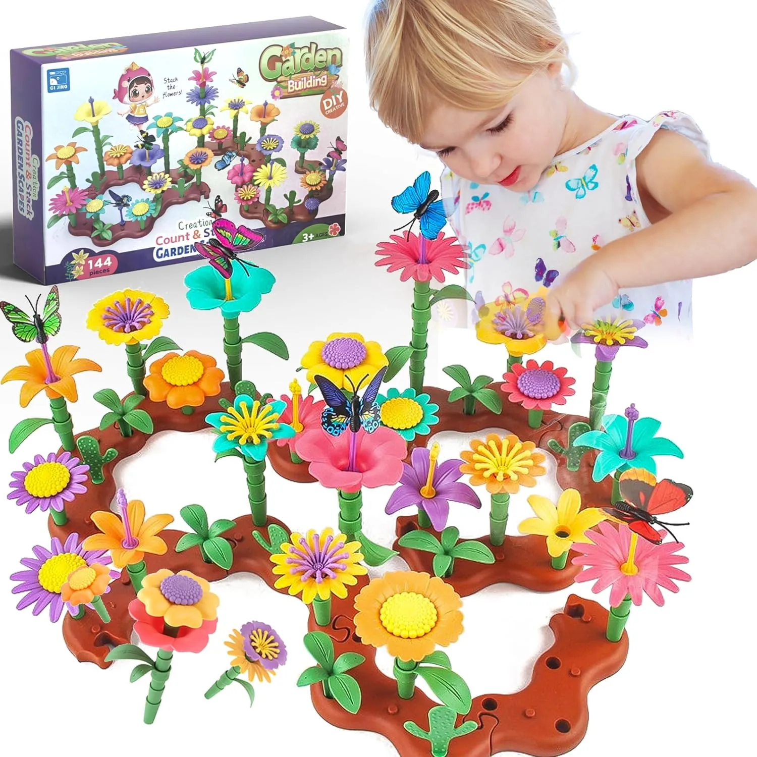 Girls Aged 3-8, STEM Preschool Children Stacking Toys 144PCS Children's Flower Garden Building Toy Set, Theme: Garden Design Game, Suitable diversification ultraviolet for 