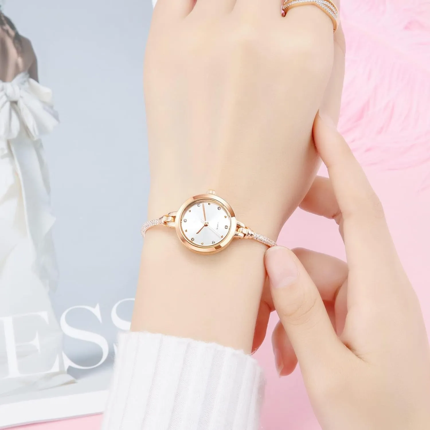 Girls Student Luxury Women Analog Quartz Watch Small jupiter vocal Rose Gold Diamonds Bracelet Waterproof Quartz Wristwatch for Female 